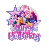 K-pop dívky – zpěvačky s diskokoulí a nápisem Happy Birthday – jedlý obrázek na dort