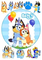 Bluey – Bluey a Bingo s balónky a postavičky – jedlý papír na hranatý dort