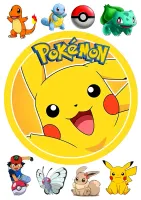 Pokémon – Pikachu v kruhu a postavičky – jedlý papír na hranatý dort