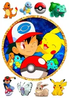 Pokémon – Ash Ketchum a Pikachu s Pokébally – jedlý papír na hranatý dort