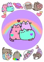 Pusheen – kočičky pod duhou s doplňky – jedlý papír na hranatý dort