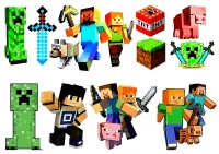 Minecraft – Steve, Alex, Creeper a postavičky k vystřižení – jedlý papír na hranatý dort