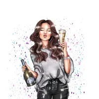 Party dívka – hnědovláska se šampaňským a konfetami – jedlý obrázek na dort