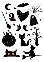 Halloween – černé siluety s kočkami a čarodějnicí – jedlý papír na hranatý dort
