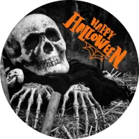 Halloween – Kostlivec s lebkou a nápisem – jedlý obrázek na dort