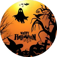 Halloween – duch, dýně a netopýři v měsíční noci – jedlý obrázek na dort