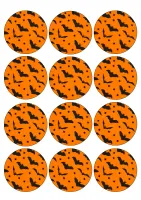 Halloween – netopýři a pavouci na oranžovém měsíci – jedlý papír na hranatý dort