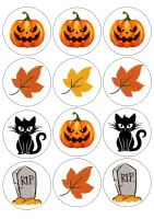 Halloween – dýně, černé kočky a náhrobky na muffiny – jedlý papír na hranatý dort