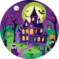 Halloween – Strašidelný dům, duchové a dýně – jedlý obrázek na dort