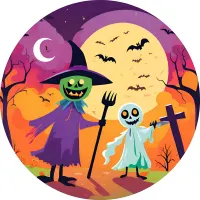 Halloween – strašák a duch pod měsícem – jedlý obrázek na dort