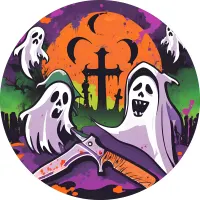 Halloween – Strašidla na hřbitově s nožem – jedlý obrázek na dort