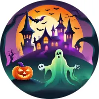Halloween – strašidelný zámek s duchem a dýní – jedlý obrázek na dort