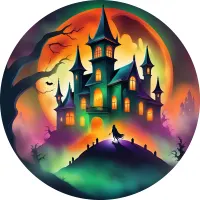 Halloween – strašidelný zámek s měsícem – jedlý obrázek na dort