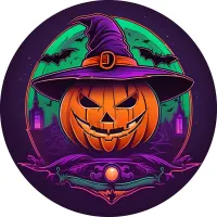 Halloween – dýně s čarodějnickým kloboukem a netopýři – jedlý obrázek na dort