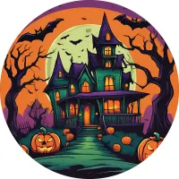 Halloween – Strašidelný dům s dýněmi a netopýry – jedlý obrázek na dort