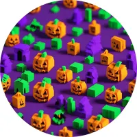 Halloween – kostičkové dýně a domky na fialovém pozadí – jedlý obrázek na dort