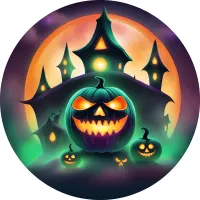 Halloween – Strašidelný dům a vyřezávané dýně – jedlý obrázek na dort