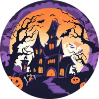 Halloween – Strašidelný dům s dýněmi a netopýry – jedlý obrázek na dort