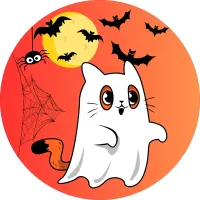 Halloween – Kočičí duch s netopýry a pavoukem – jedlý obrázek na dort