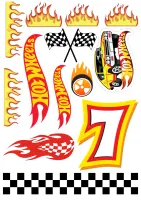 Hot Wheels – závodní auto, číslo 7 a plameny – jedlý papír na hranatý dort