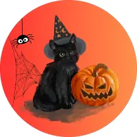 Halloween – černá kočka s čarodějnickým kloboukem a dýně – jedlý obrázek na dort