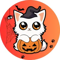 Halloween – Bílé koťátko s čarodějnickým kloboukem a dýní – jedlý obrázek na dort