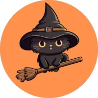 Halloween – Černá kočička na koštěti v čarodějnickém klobouku – jedlý obrázek na dort
