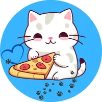 Kočička – bílá s kouskem pizzy na modrém pozadí – jedlý obrázek na dort