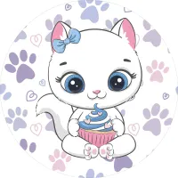 Kočička – bílé koťátko s cupcakem – jedlý obrázek na dort