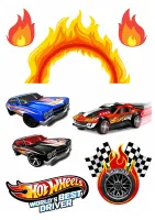 Hot Wheels – závoďáky, plameny a šachovnicové vlajky – jedlý papír na hranatý dort