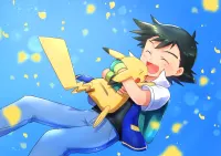 Pokémon – Ash a Pikachu v objetí – jedlý papír na hranatý dort
