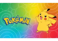 Pokémon – veselý Pikachu na duhovém pozadí – jedlý papír na hranatý dort
