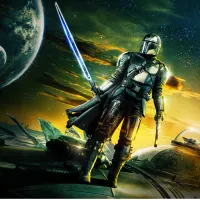 Star Wars – Mandalorian s temným mečem a Grogu – jedlý obrázek na dort