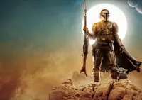 Star Wars – Mandalorian a Grogu na skále – jedlý papír na hranatý dort