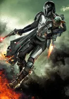 Star Wars – Mandalorian a malý Grogu v letu – jedlý papír na hranatý dort
