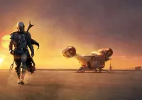 Star Wars – Mandalorian a vesmírná loď při západu slunce – jedlý papír na hranatý dort