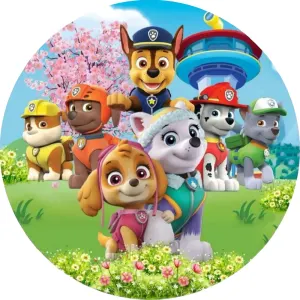 Paw Patrol – Tlapková Patrola – parta v rozkvetlé zahradě – jedlý obrázek na dort