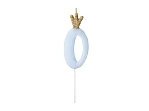 Dortová svíčka s korunkou číslo 0 modrá 9,5 cm – PartyDeco