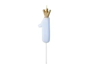 Dortová svíčka číslo 1 modrá s korunkou 9,5 cm – PartyDeco