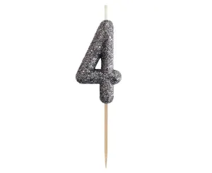 Dortová svíčka číslo 4 třpytivá černo stříbrná, 11 x 3,5 cm – Godan
