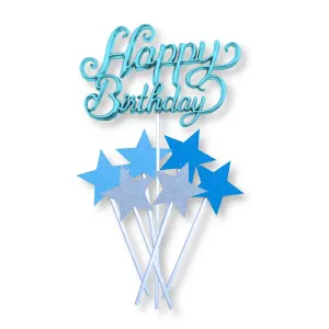 Plastový a papírový zápich na dort Happy Birthday modrý, 7 ks – Alvarak