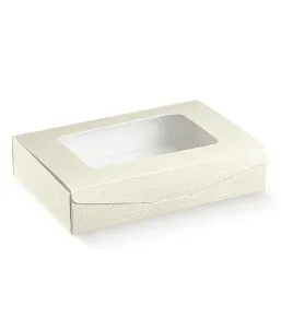 Krabice na cukroví s průhledem bílá kůže 24 × 16 × 5 cm – 1 ks