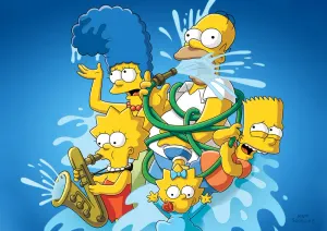 Simpsonovi – rodina se zahradní hadicí a vodou – jedlý papír na hranatý dort