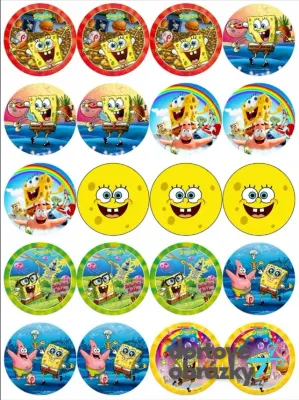 Spongebob – 20 koleček s postavami – jedlý papír na hranatý dort