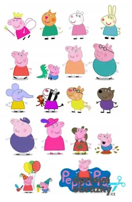 Prasátko Peppa – výřezy kamarádů – jedlý papír na hranatý dort