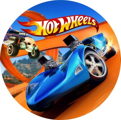 Hot Wheels – modré auto na oranžové dráze – jedlý obrázek na dort