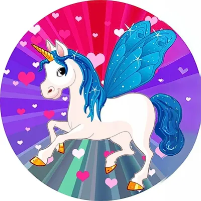 Jednorožec Unicorn – s modrými křídly – jedlý obrázek na dort