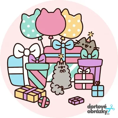 Pusheen – dárky a balónky – jedlý obrázek na dort