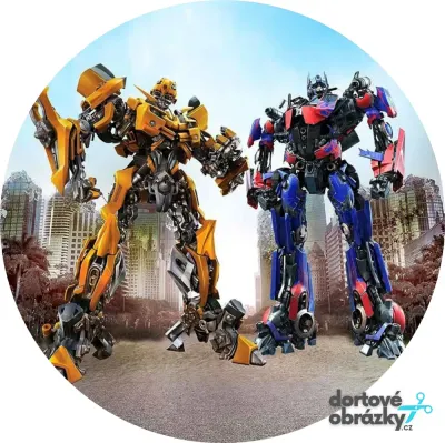 Transformers – Bumblebee a Optimus ve městě – jedlý obrázek na dort