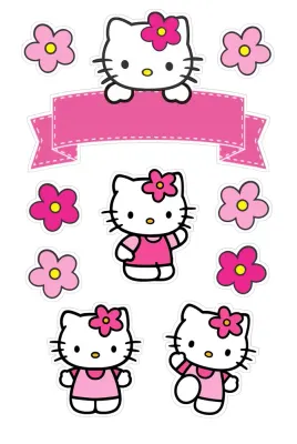 Hello Kitty – růžová stuha a kytičky – jedlý papír na hranatý dort